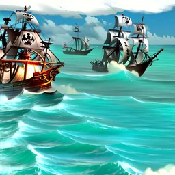 Two pirate ships fight each other at sea. Firing cannons.