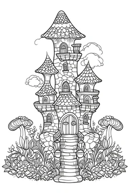 outline art for dwarf mushroom castle coloring page for kids, white background, sketch style, full body, only use outline, cartoon style, clean line art, no shadows, clear and well outlined