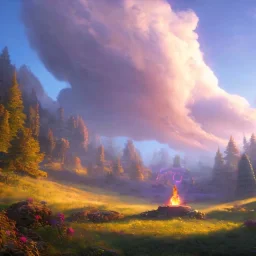 A Epic circular biomechanical fire ring portal, in middle of surreal hills, surrounded with beautiful cloud mist, art by Jordan Grimmer, high level of details