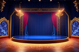 image of a Royal stage with 3d fractal base decoration with large dance area in dark blue teme