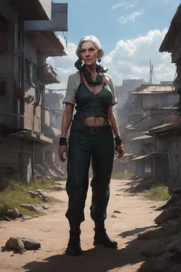 cyberpunk saggy granny woman, abandoned sci-fi town, future, sci-fi