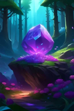 A large glowing purple amethyst into a forest with flowers blues and pink