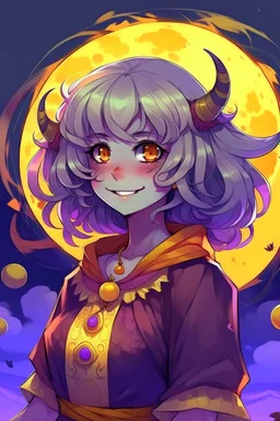 Style: anime manga, A Girl with dark skin tone, Red eye with a yellow base, Full curly white hair, moon-shaped cheek marks, and a childish smile, Her face is half in profile, Her outfit is: A lunar witch with purple color.