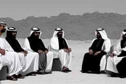 Four Arab sheikhs sitting in the desert wearing typical Arab dress, looking towards the four cardinal points. A talll fat european man in business suit wathhing them while thinking.