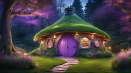 hobbit cottage in the woods surrounded by trees with fairy lights with a whimsical like feel, with pinks, blues, purple colors, circular hobbit-style door, circular hobbit-style windows, green grass roof, illustration