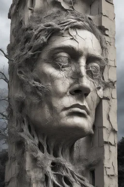 surrealis monochrome A fragmented, surreal sculpture liguid color of photorealistic image 3d,psychedelic art of trump glossy emerging from dreamlike a crumbling building. The face appears pale with deep cracks and intricate details, evoking a haunting expression. Blackened tree branches intertwine with the gold mengkilat cracks, set against a backdrop of stormy, cloud-filled skies. bauhaus art The overall tone is dark and moody, suggesting themes of decay and transformation. Include
