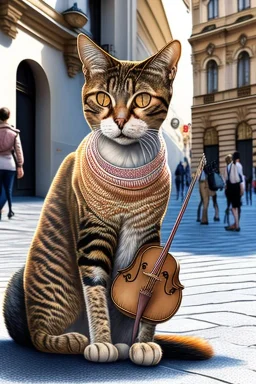 One single mature street cat, friendly, playing violin, vienna, sunny day, perfect iris, model style, hyper realistic, extremely accurate, delicate, extremely detailed, Graphic novel style, colours, wide-angle, open aperture, superfine pencil