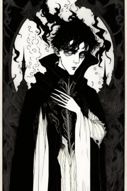 17 year old boy, necromancer, friendly, looks dead, surrounded by weird smoke with eyes, wearing black robes, in the style of Harry Clarke