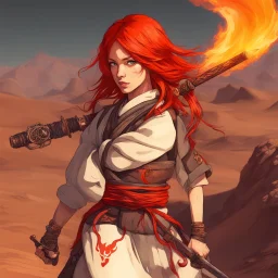 Girl samurai redhead in a desert valley, flame sword