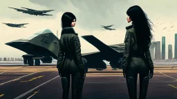 Tall thin women, with straight black hair, dressed in a camouflaged jumpsuit, looking out from the rear of a futuristic aircar, on a tarmac runway, with a city skyline in the distance