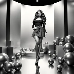 a beautiful black and white art picture of fashion model lady posing with cute and with high heels,midy skirt, pretty stage made of metallic blue-gray teme 3d recursive cubic and sphere base structures and the scene is in color,makeup curvy long hair.