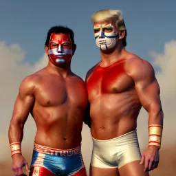 Realistic image of Donald trump wrestler, Mexican wrestling style, Mexican wrestling mask for eyes, red and blue breeches, glow us flag dress, suspenders, retro style, 80s, vibrant color, highly detailed, sky background, concept art, unreal engine 5, god rays, ray tracing, RTX, lumen lighting, ultra detail, volumetric lighting, 3d, finely drawn, high definition, high resolution.