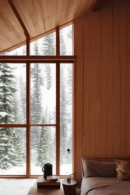 Intérieur chalet bois et béton dans montagnes avec sapins et neige. Lumière soleil couchant