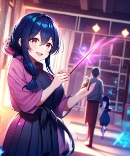 girl, masterpiece, best quality, cinematic lighting, detailed outfit, vibrant colors, perfect eyes, dark blue hair, pink eyes, long hair, low-tied hair, hakama, sparkle, depth of field, indoors, god rays, glowing light, ray tracing, yokozuwari, laughing,