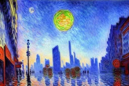 Epic futuristic street, exoplanet in the sky, claude monet impressionism painting