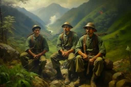 Japanese 1920 oil painting FEDRA from TLOU but as Vietnam men soldiers in the mountains far away from the scenery