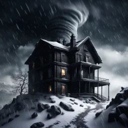 Hyper Realistic black abandoned dark haunted house on the top of a mountain at heavy snowfall night with tornado behind