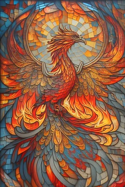 An intricate, stained-glass inspired mosaic depicting a majestic phoenix, using vibrant hues of red, orange, and yellow to emphasize its fiery nature, surrounded by an elegant pattern of swirling flames and intricate glasswork.