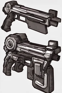 concept of a weapon that is an union between an ax and a gun, in cyberpunk style