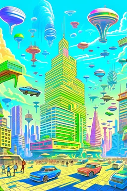 a futeristic city with flying cars and humans walking on air and lifts magicaly going up and down and skyscrapers