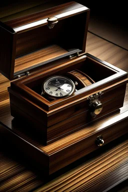 Generate an image of a Key Bey Berk watch box that exudes classic elegance. Emphasize the rich, dark wood finish with a glossy sheen. Ensure the box is well-lit to showcase the details of the wood grain.