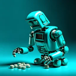 an old robot, turquoise, taking pills