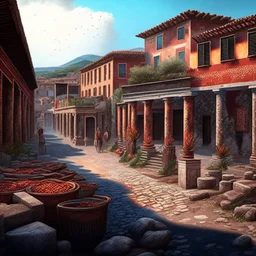 Pompeii houses streets men women children before destruction digital art hyper-detailed realistic 8k summer weather