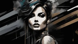 aesthetic, painterly style, modern ink, Kai sa, sensual, sultry, dark blouse, expressive pose, urbanpunk, abstract texture multilayer background, neo-expressionist , Russ Mills, Ian Miller