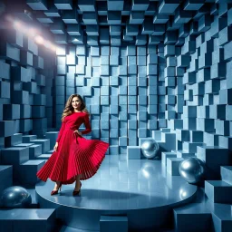 make a picture pretty stage made of metallic blue-gray teme 3d recursive cubic and sphere base structures and a beautiful fashion model lady posing with cute in black and white and the scene is in color,with dark red top and pretty pleated midi skirt ,makeup curvy long hair,dynamic camera zoom to full body and pan, dynamic lights.