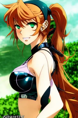 In the style of Shirow, hyper detailed, strikingly beautiful teen female, 16 years old, long ponytail, ginger hair, green eyes, medium freckles, full lips, full body, full face, b-cup breasts, athletic, centred camera, ignore NSFW, bikini, athletic, sitting,