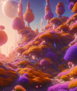 orange and gold crystal cosmic and galactic ambiance hill sky sunny flowers stairs trees futuristic landscape, full of details, smooth, bright sunshine，soft light atmosphere, light effect，vaporwave colorful, concept art, smooth, extremely sharp detail, finely tuned detail, ultra high definition, 8 k, unreal engine 5, ultra sharp focus