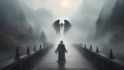 walking straight across the bridge, holding the angel of death's hand, entering the fog that leads to the afterlife, a stream from the mountains flows from the right and left sides, realistic