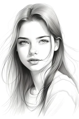 Draw a pencil sketch with white background of the most beautiful girl's face with wight hairs wearing a tight t-shirt