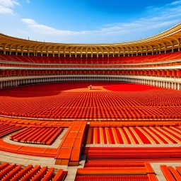 An orangish red Olympics sports stadium designed in ancient Egyptian pottery painted by Peter Carl Faberge