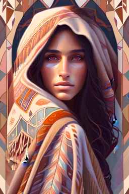 a beautiful young spanish woman wrapped in a blanket, native american style, full body, elegant, highly detailed, digital painting, artstation, concept art, smooth, sharp focus, illustration, alphonse mucha, 4K, photography, photorealistic, detailed illustration pastel tetradic colors, cute and quirky, hand-drawn, digital painting, soft lighting, isometric style, retro aesthetic, 4K resolution, photorealistic rendering, as painted in the style of Mark Maggiori