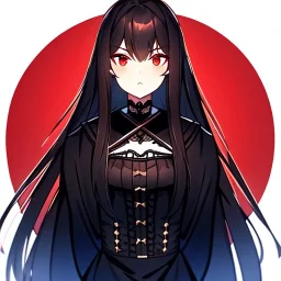 portrait anime vampire, long hair, red eyes, noble black robe, Blood, Gothic, hyper detailed, intricately detailed, looking at viewer, arms behind back pose, gothic, skulls, ambiguous lines image, flat dimensional style, flat lines, rough drawing --ar 2:3
