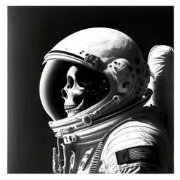 a skull inside an astronaut suit looking at the horizon, semi-realistic, black and white, colorless background, frontal view, drawing