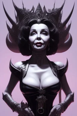 Joan Collins as evil queen in black leather, leather, busty, cleavage, angry, stern look. character design by cory loftis, fenghua zhong, ryohei hase, ismail inceoglu and ruan jia. unreal engine 5, artistic lighting, highly detailed, photorealistic, fantasy