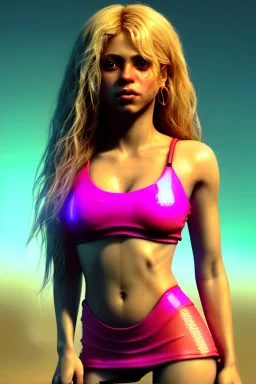 portrait, Shakira, blonde artist, angry, Realistic image, latex style dress. Skewers, loose long hair, eyes make up, perfect, glow, circle iris. Neon colors, leds, geometric shapes. Dark background, photo studio, neon lights. Cyberpunk, concept art, smooth, unreal engine 5, god lights, ray tracing, RTX, lumen lighting, ultra detail, volumetric lighting, 3d, finely drawn, high definition, 4k.