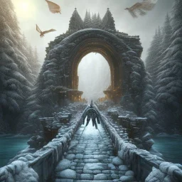 fantasy art of big wolf walking on very tight stone bridge over icy water, on the bridge is a mad wizard, there is also a hawk and everything is seen from the tree tops