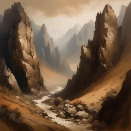 A brown mountain near a canyon painted by Zhang Lu