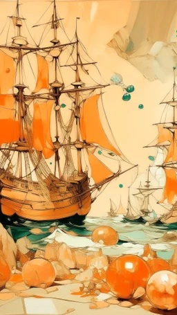 A light rosy orange colored bay with pirate ships and crystals painted by Édouard Manet