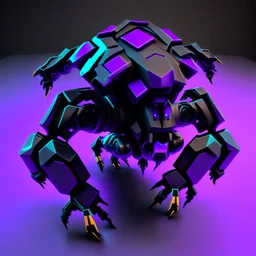 neon black and purple quadrupedal robot with a 3D hexagon head