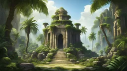 храм змеи в джунглях пальмы скалы лианы двор сад из камней руины фэнтези арт