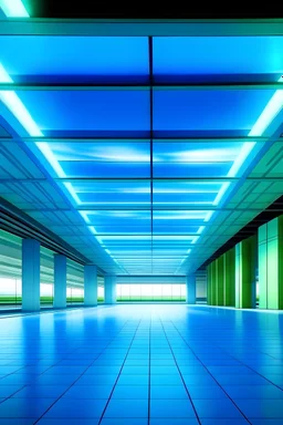 Blue sky and clouds, an empty airport room with a grass floor, rectangular pillars, liminal space, real photograph, drop ceiling, fluorescent lighting, dim lighting.