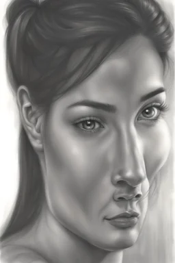 dibujo en grafito realista de rostro mujer 35 años pelo negro atado en cola de caballo tres cuartos perfil mira y sonrie plano tres cuartos perfil rasgos definidos labios definidos