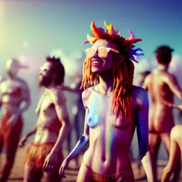 Ultra Realistic photo, medium shot view, drunken dancer naked woman, carnival scene, monster hair, steampunk. Red hair, confeti, Sunglasses, smile, happy, festival, gradient color fog. highly detailed, concept art, unreal engine 5, ray tracing, RTX, lumen lighting, ultra detail, volumetric lighting, 3d, finely drawn, high definition, high resolution.