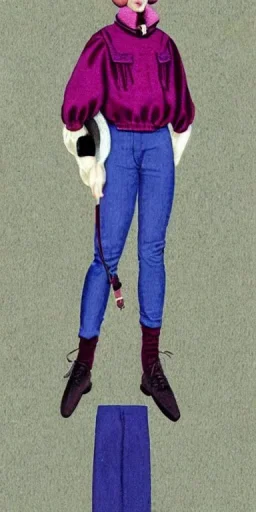 Everything she wear is in the image. of young woman, plum-blue-magenta-camouflage. She wears mantel and simple blouse.Felt cloth visor with tippet. SMALL FELT CAP is merged to Old AKG headphones with recognizable Golden rings! cloth materials are denim and felt cloth mixed. Fashion 1990's. Colors: Cream white, zinc plate, red ochre, ochre, orange - all mixed. Thick tights. Thick calves. She is in figure from top to toe.