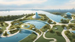 theme park of the city of the future 2050, fairy tale, radiance, abstraction, bird's eye view, walking park