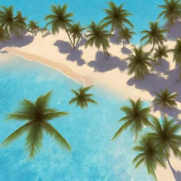 9. Generate an image of a sun-soaked beach with palm trees and crystal-clear water